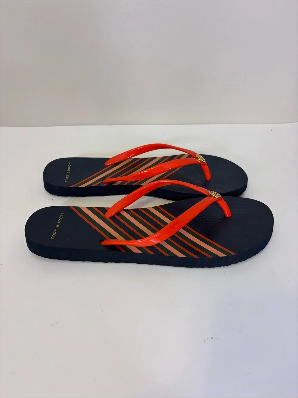 Tory Burch Navy Flip Flops with Orange Straps Sandals Women’s 9